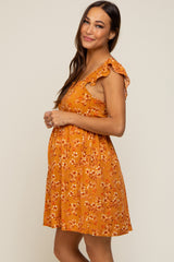 Camel Leaf Print Ruffle Accent Maternity Dress