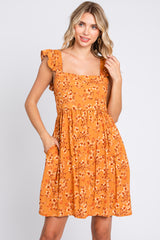 Camel Leaf Print Ruffle Accent Dress