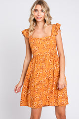 Camel Leaf Print Ruffle Accent Dress