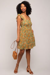 Olive Leaf Print Ruffle Accent Dress