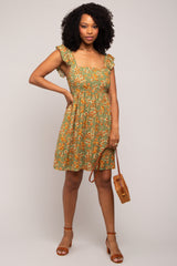 Olive Leaf Print Ruffle Accent Dress