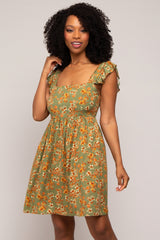 Olive Leaf Print Ruffle Accent Dress