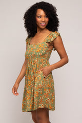 Olive Leaf Print Ruffle Accent Dress