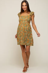 Olive Leaf Print Ruffle Accent Maternity Dress