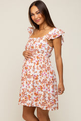 Ivory Leaf Print Ruffle Accent Maternity Dress