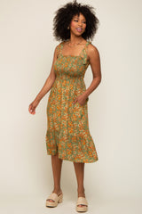 Olive Floral Shoulder Tie Smocked Midi Dress