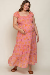 Pink Floral Ruffle Tiered Plus Maternity Maxi Dress