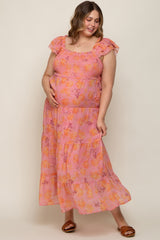 Pink Floral Ruffle Tiered Plus Maternity Maxi Dress