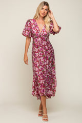 Burgundy Floral Deep V-Neck Puff Sleeve Maxi Dress