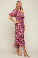 Burgundy Floral Deep V-Neck Puff Sleeve Maxi Dress