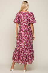 Burgundy Floral Deep V-Neck Puff Sleeve Maxi Dress