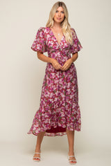 Burgundy Floral Deep V-Neck Puff Sleeve Maxi Dress