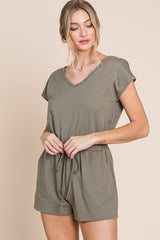 Olive Soft French Terry Romper With Pockets