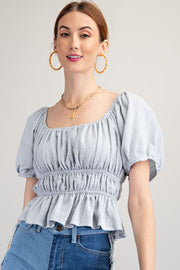 Blue Textured Poly Linen Peplum Top