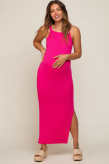 Fuchsia Ribbed Fitted Side Slit Maternity Midi Dress