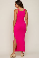 Fuchsia Ribbed Fitted Side Slit Maternity Midi Dress