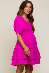 Magenta Puff Sleeve Ruffle Accent Maternity Dress