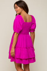 Magenta Puff Sleeve Ruffle Accent Maternity Dress