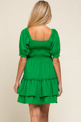 Green Puff Sleeve Ruffle Accent Maternity Dress