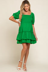 Green Puff Sleeve Ruffle Accent Maternity Dress