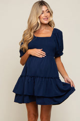 Navy Puff Sleeve Ruffle Accent Maternity Dress