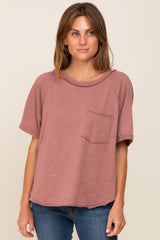 Rust Front Pocket Raw Edge Trim Short Sleeve Top