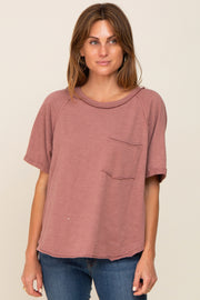 Rust Front Pocket Raw Edge Trim Short Sleeve Top