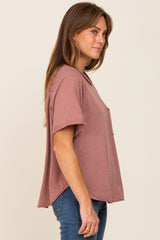 Rust Front Pocket Raw Edge Trim Short Sleeve Top