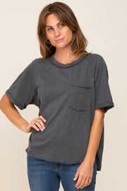 Charcoal Front Pocket Raw Edge Trim Short Sleeve Top