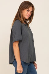 Charcoal Front Pocket Raw Edge Trim Short Sleeve Top