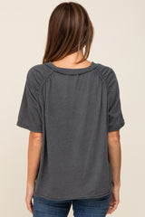 Charcoal Front Pocket Raw Edge Trim Short Sleeve Top