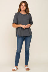 Charcoal Front Pocket Raw Edge Trim Short Sleeve Top