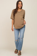 Mocha Front Pocket Raw Edge Trim Short Sleeve Maternity Top