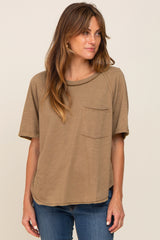 Mocha Front Pocket Raw Edge Trim Short Sleeve Maternity Top