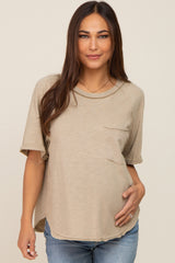 Taupe Front Pocket Raw Edge Trim Short Sleeve Maternity Top