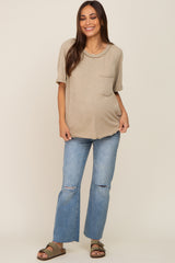 Taupe Front Pocket Raw Edge Trim Short Sleeve Maternity Top