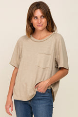 Taupe Front Pocket Raw Edge Trim Short Sleeve Top