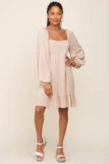 Beige Square Neck Puff Long Sleeve Dress