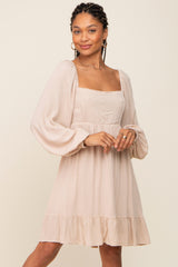 Beige Square Neck Puff Long Sleeve Dress