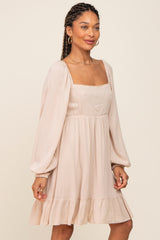 Beige Square Neck Puff Long Sleeve Dress