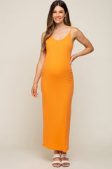 Orange Ribbed Sleeveless Maternity Maxi Dress