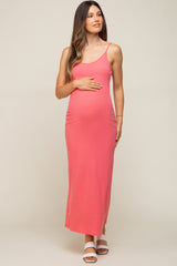 Coral Ribbed Sleeveless Maternity Maxi Dress