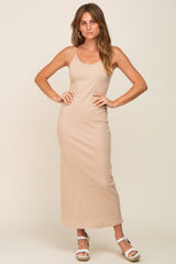 Beige Ribbed Sleeveless Maxi Dress