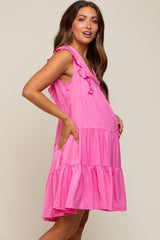 Fuchsia Satin Ruffle V-Neck Tiered Maternity Dress