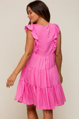 Fuchsia Satin Ruffle V-Neck Tiered Maternity Dress