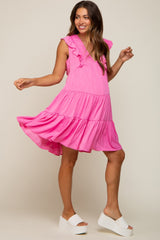 Fuchsia Satin Ruffle V-Neck Tiered Maternity Dress