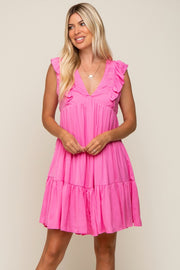 Fuchsia Satin Ruffle V-Neck Tiered Dress