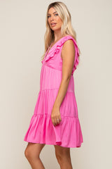 Fuchsia Satin Ruffle V-Neck Tiered Dress