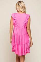 Fuchsia Satin Ruffle V-Neck Tiered Dress