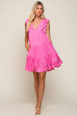 Fuchsia Satin Ruffle V-Neck Tiered Dress